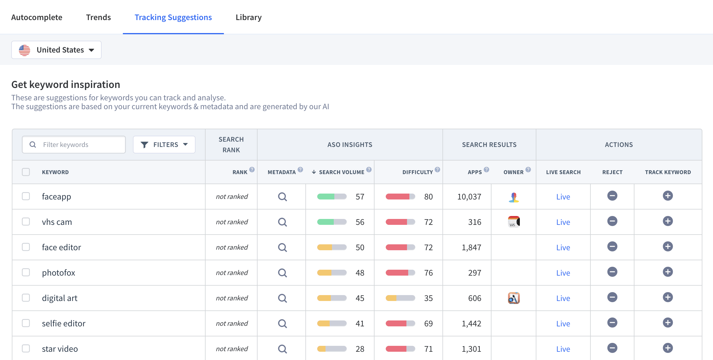 Get AI-recommended app keywords with App Radar free App Store Optimization tool