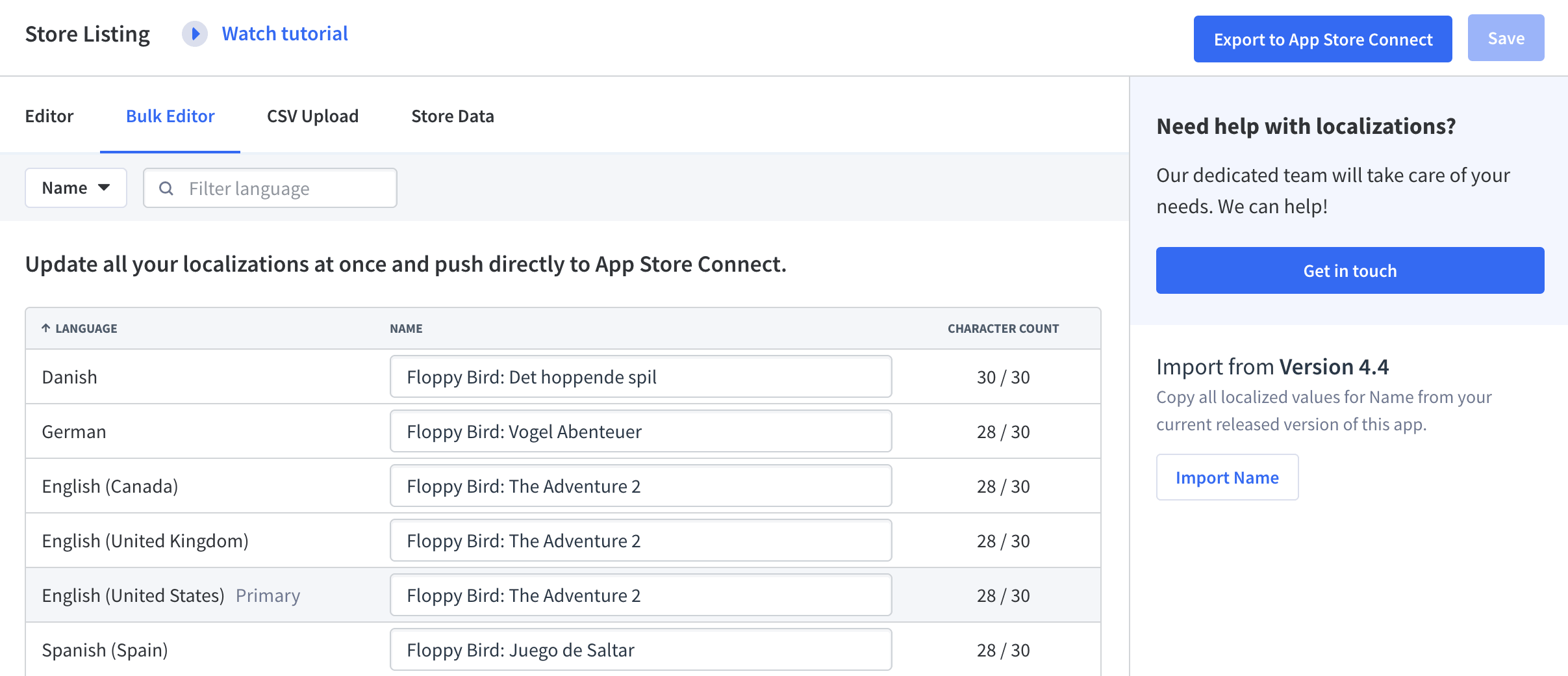 Make changes to your app store listing in App Radar and publish changes directly to App Store and Google Play