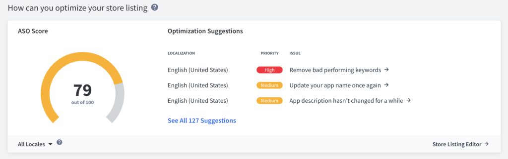 The ASO Score evaluates your app store listing and provides further recommendations for improved optimization