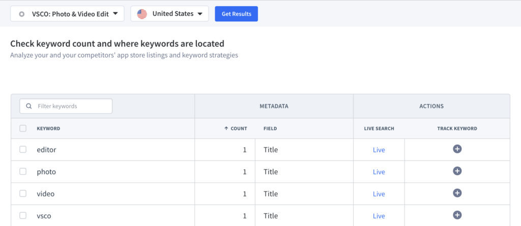 Vsco App Keywords Example for good App Store Optimization