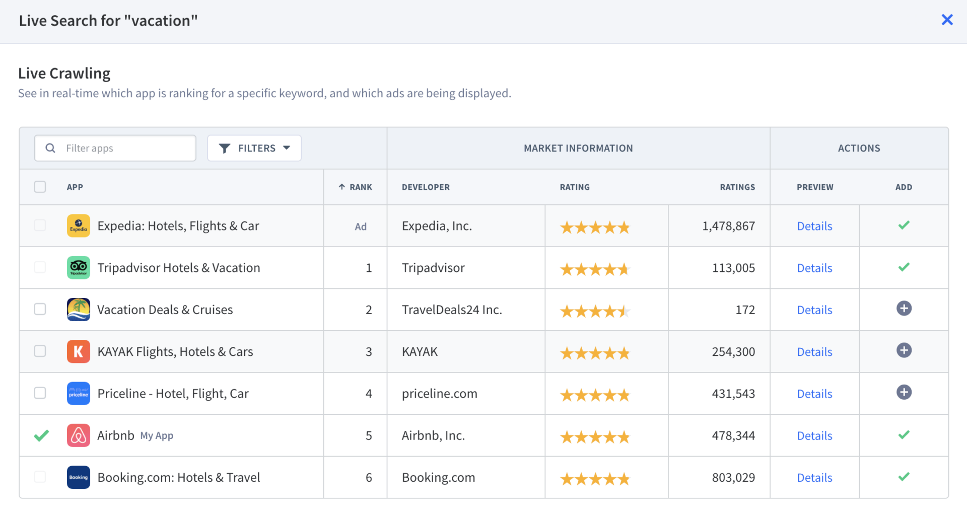 Use the live search feature in the App Radar App Store Optimization tool to perform competitor analysis