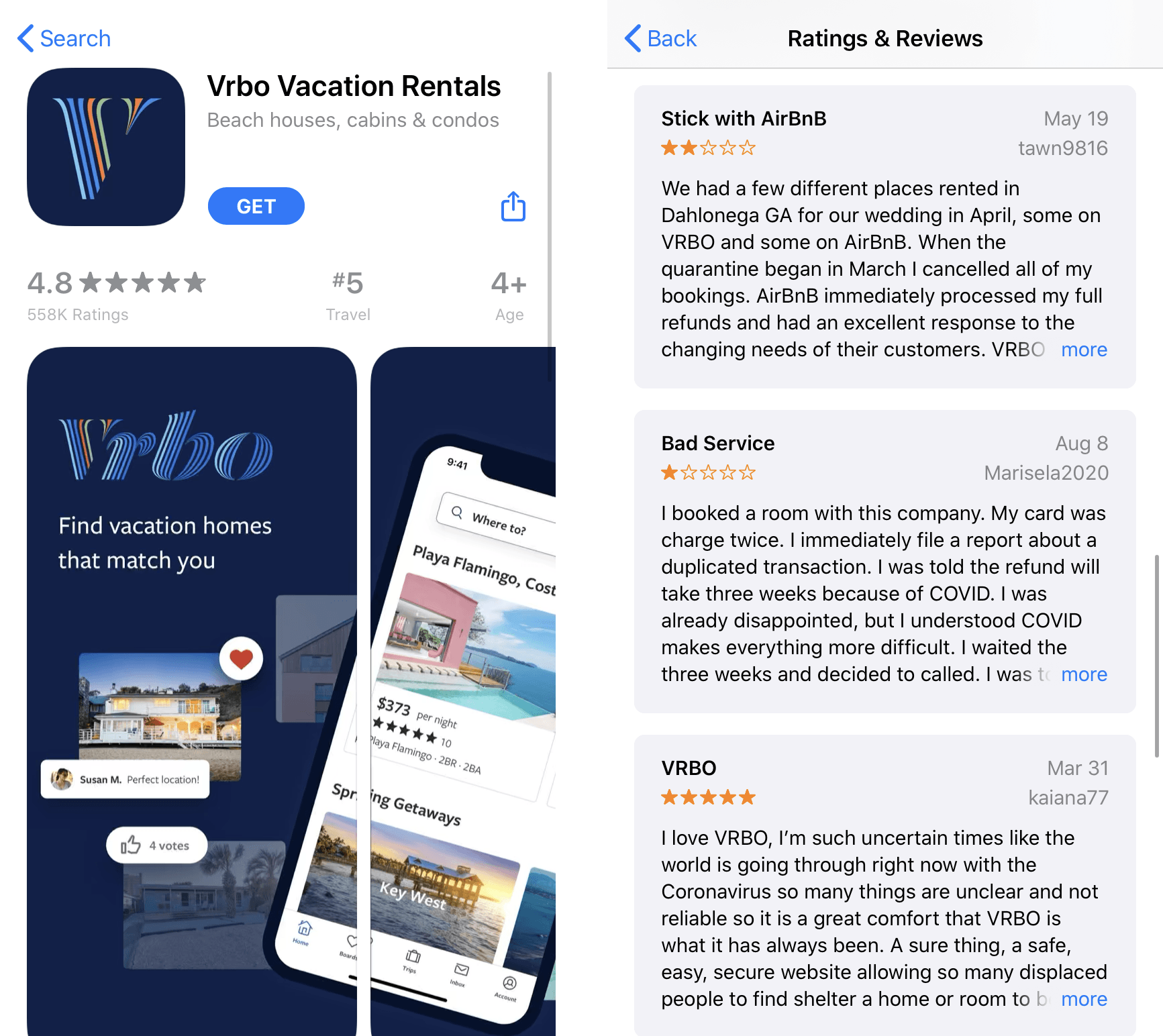 Vrbo’s app store listing reveals a lot about their main features and user sentiment