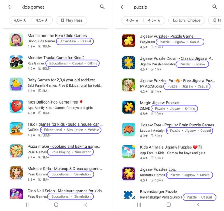 Google Play Store Tags Games