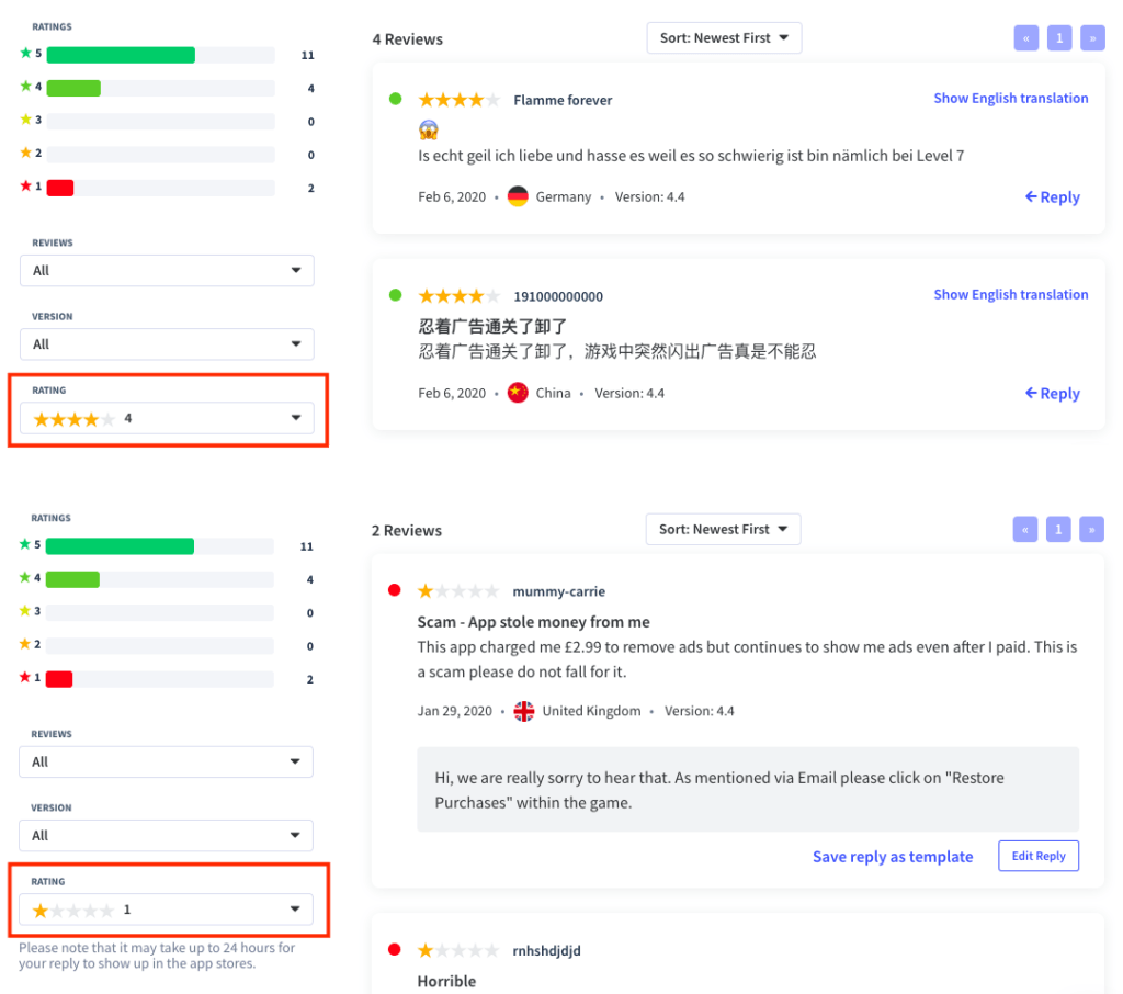 Easily filter through your app user reviews with App Radar
Source: App Radar App Store Optimization tool