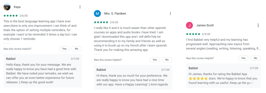Example of Babbel being human when they respond to app reviews on Google Play