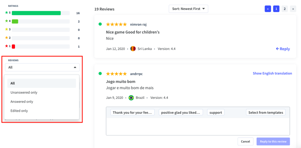 Filter for answered and unanswered app reviews in App Radar