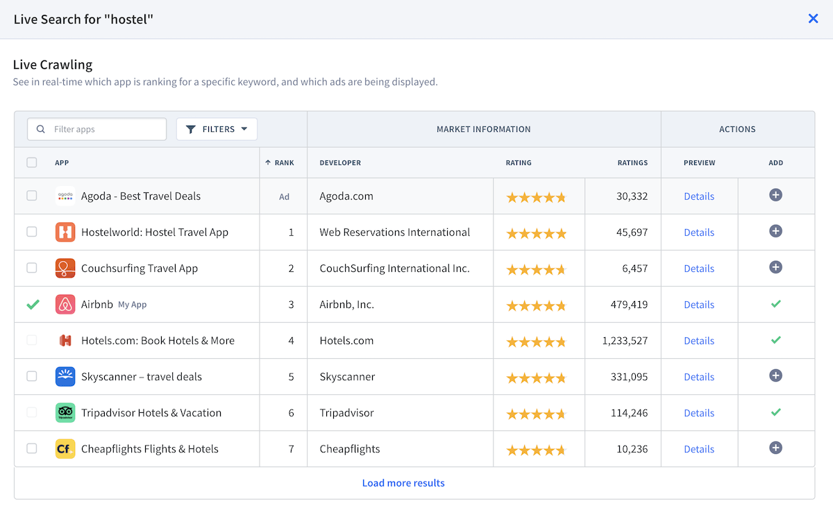 App Radar Keyword Live Search
