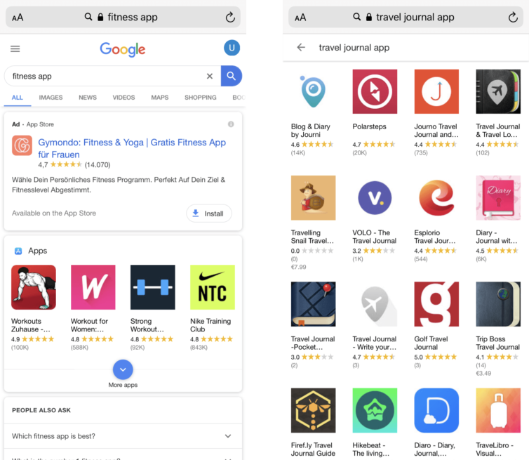Apps Browser Suchergebnisse