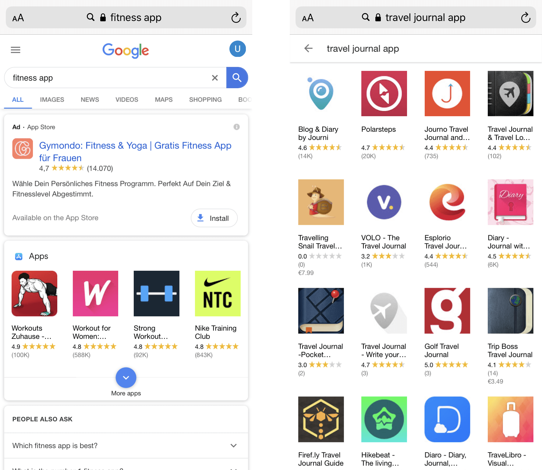 Apps Browser Suchergebnisse