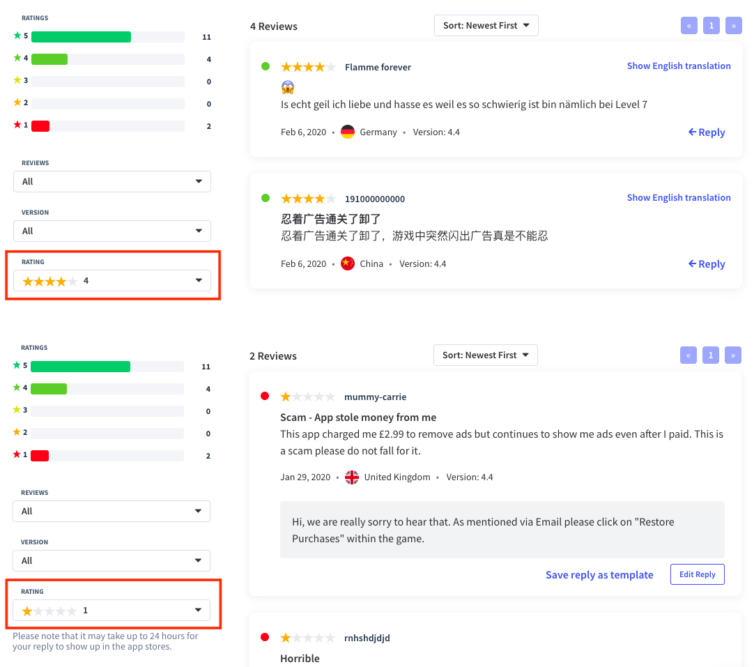 Filtere App Bewertungen Sterne App Radar