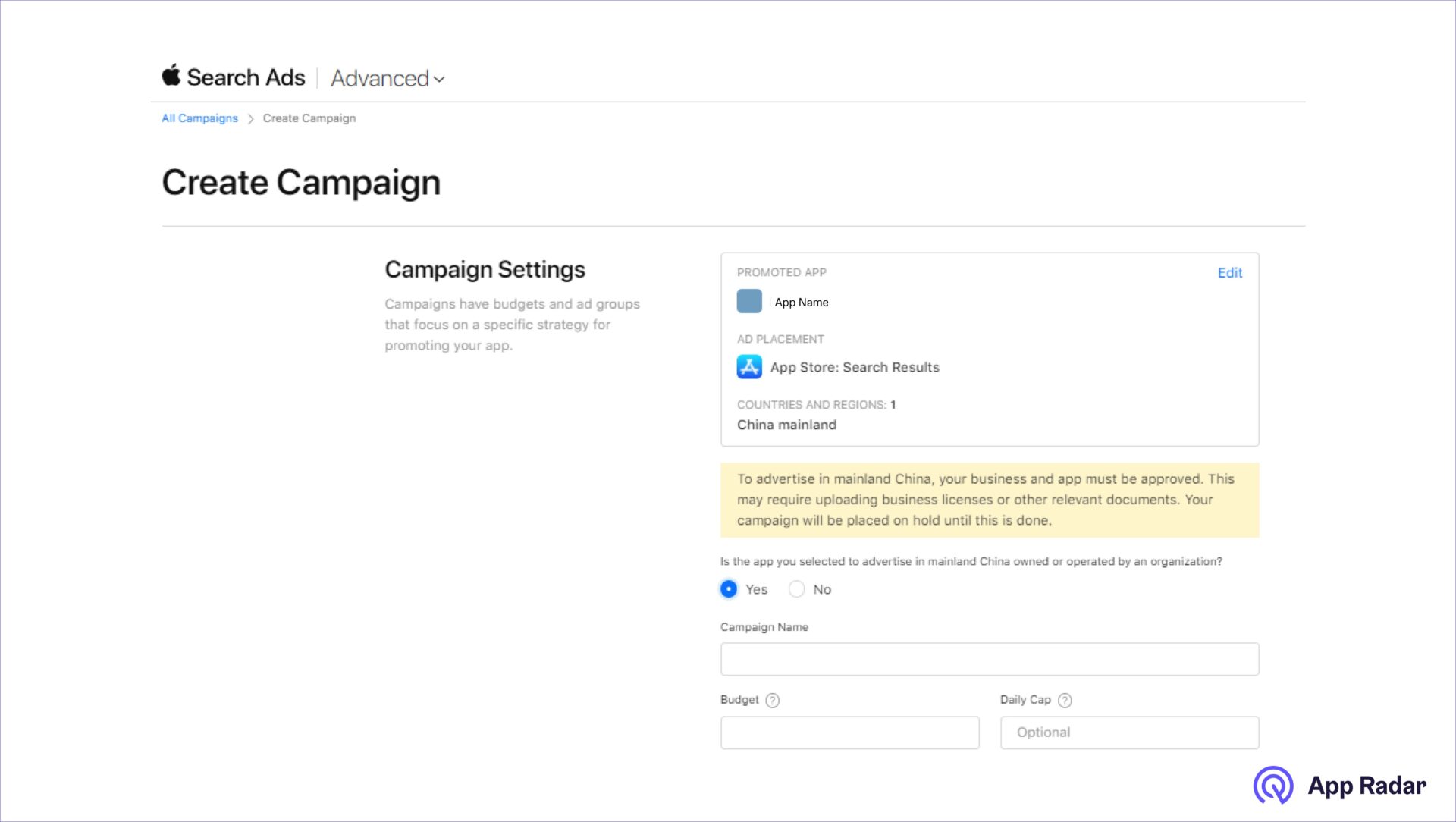 App Store Search Ads Create China Campaign