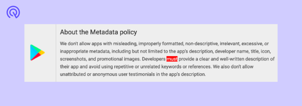 Example of rejection notification in Google Play Console. Google Play Console rejection notification about using forbidden keywords in metadata.