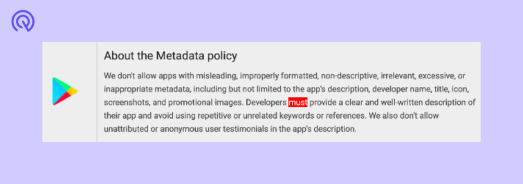 Google Play Console rejection notification about using forbidden keywords in metadata.