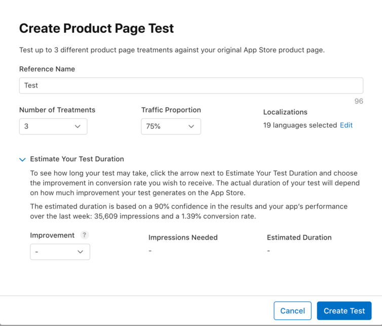 create product page test in app store connect