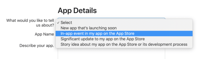 in app events featuring application in app store connect