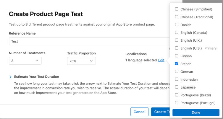 localization for product page test in app store connect