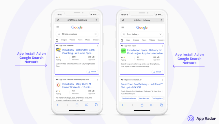 App install ad example on Google Search Network