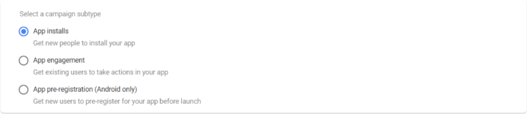 App install campaign subtypes settings