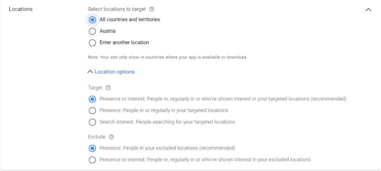 App install campaign location settings
