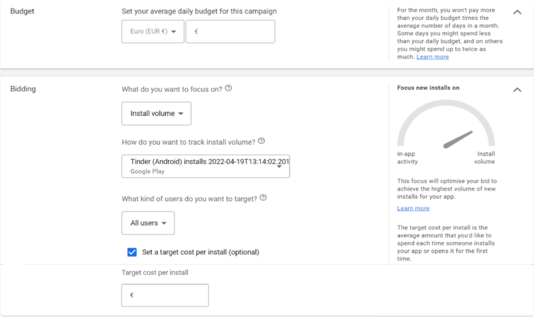 App install campaign budget and bidding settings