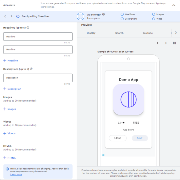 App install campaign asset settings interface