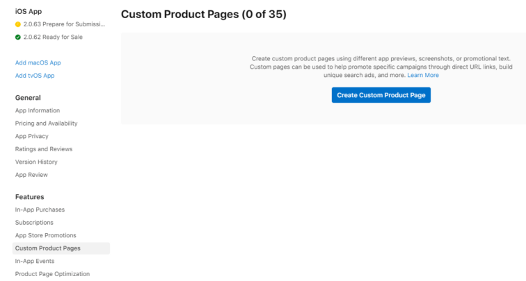 custom product pages and the description in app store connect
