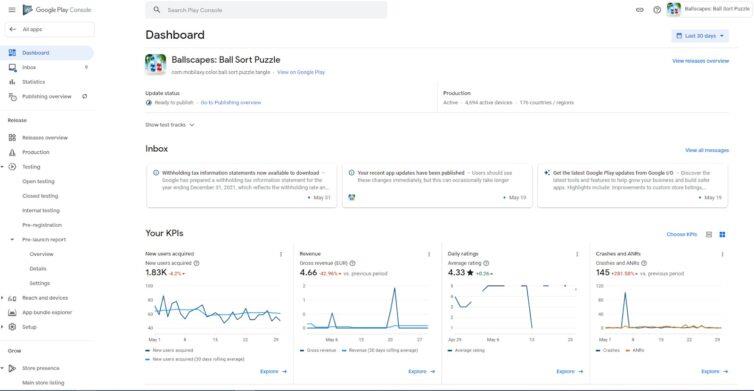 google play console dashboard