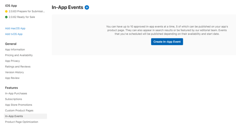 in app events menu and the description in app store connect