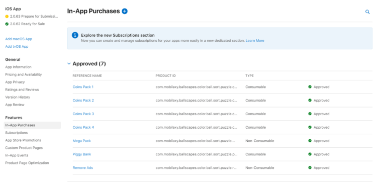 in app purchases menu in the app store connect
