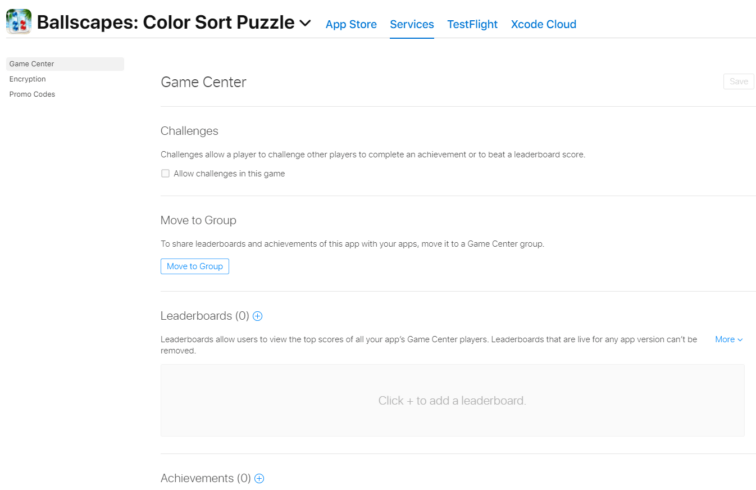 the services tab and game center sub view in app store connect