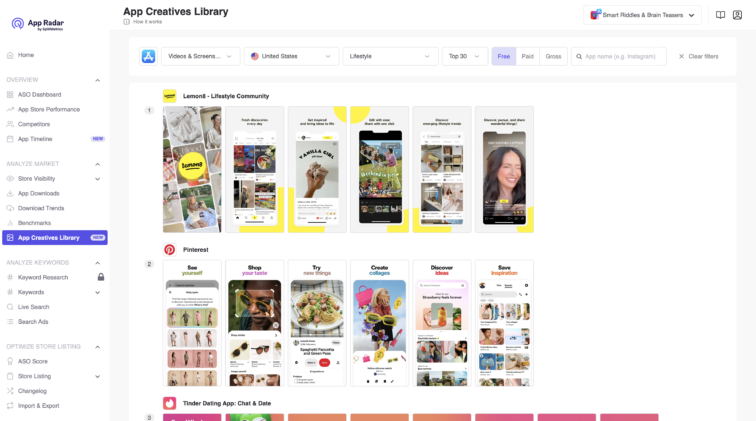 App creatives library in App Radar