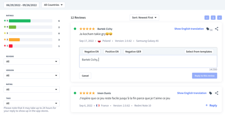 reviews dashboard at app radar