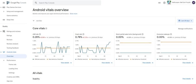 android vitals interface google play console
