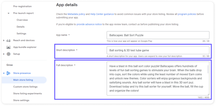 app details fields google play console