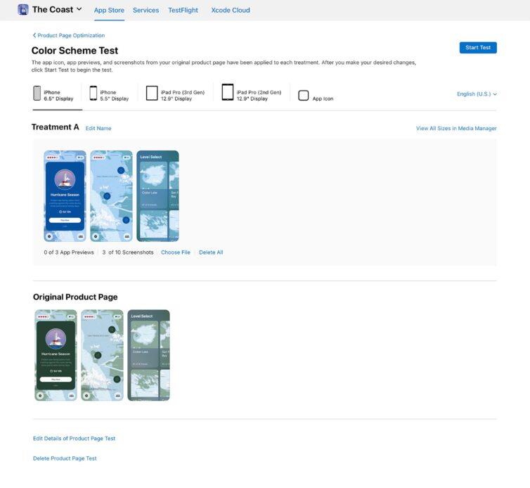 app store product page optimizations test treatments configuration