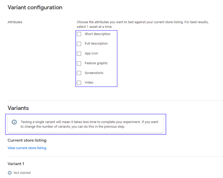 attribtue and variant configuration in store listing experiments