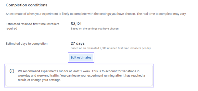 completion conditions and estimates in store listing experiments