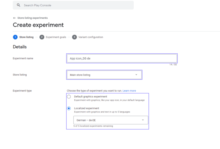 store listing experiments experiment creation step 1