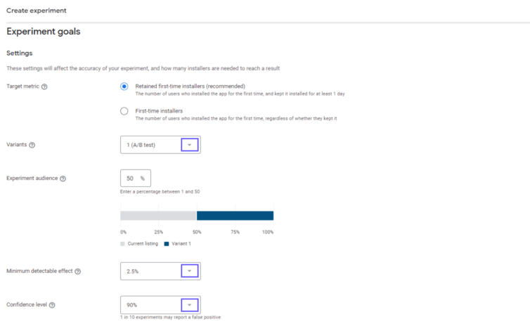 store listing experiments goals in google play console