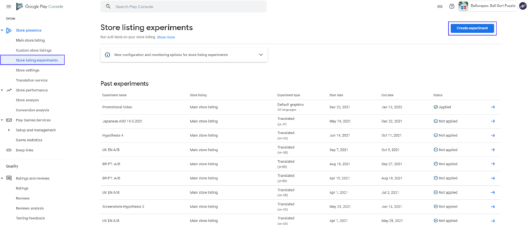 store listing experiments tool home screen ui