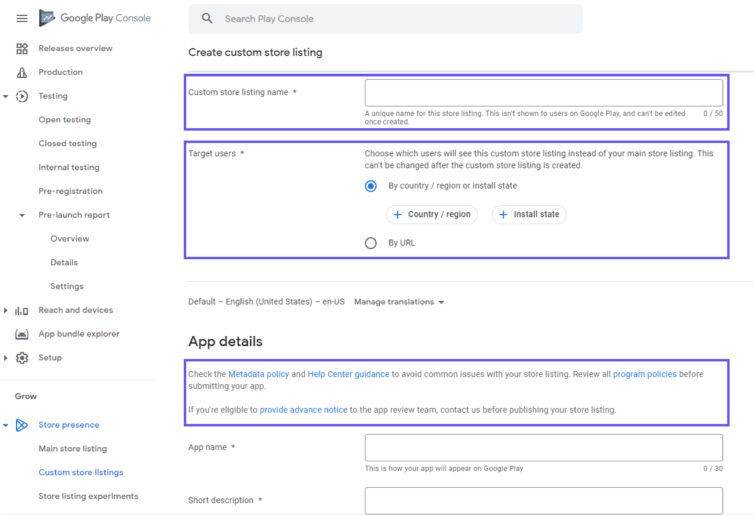 how to create custom store listings in google play console