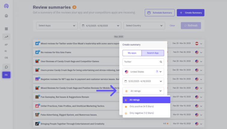 App Radar's app review summaries: Select the average app rating