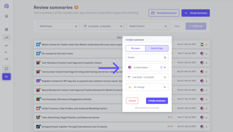 App Radar's app review summaries: Select the country
