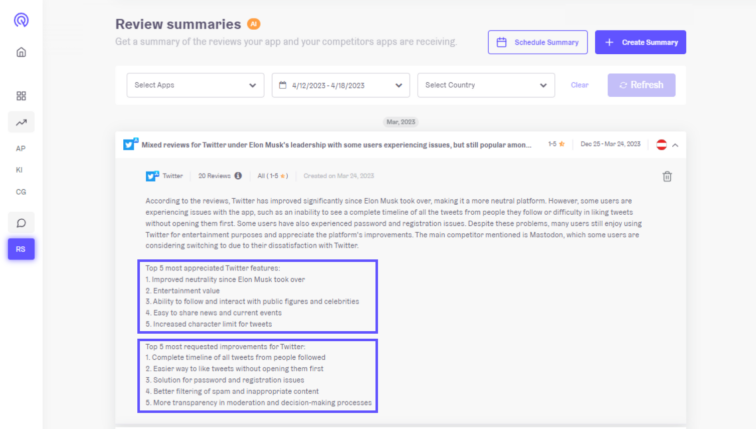 App Radar's app review summaries: Suggested improvements from AI
