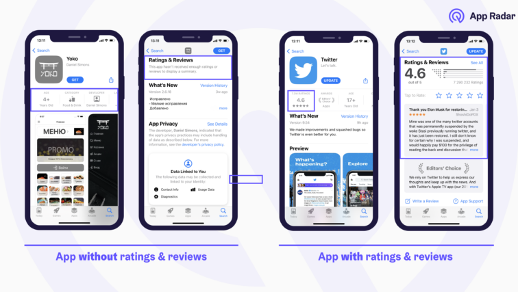 Examples of iOS apps with and without user ratings