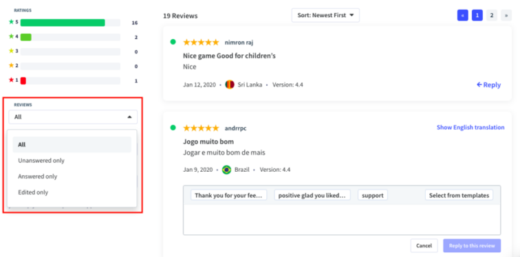 Filter app review reply status in App Radar