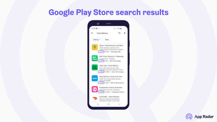Google Play search results and app ratings