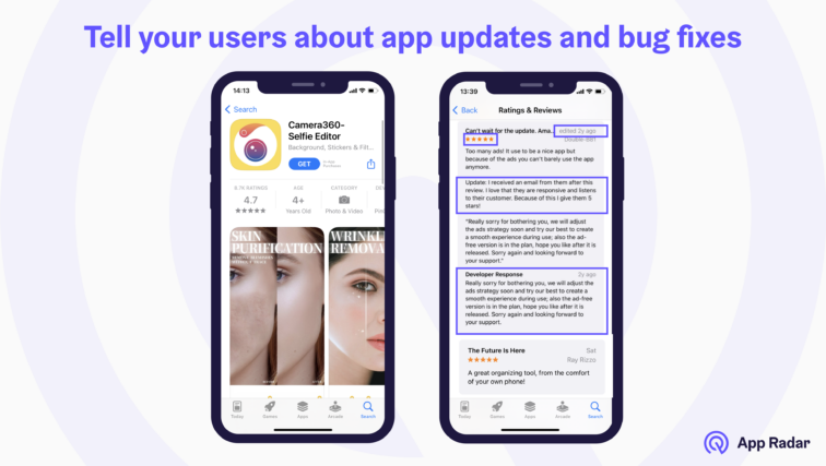 Sharing app updates with users: Camera360 app example