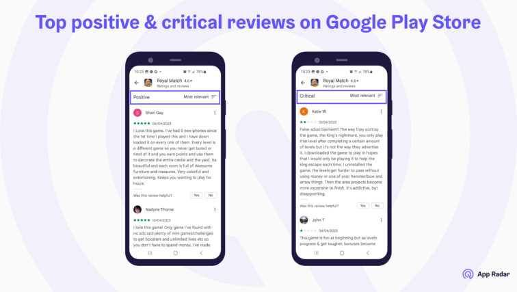 top positive and critical app reviews in play store