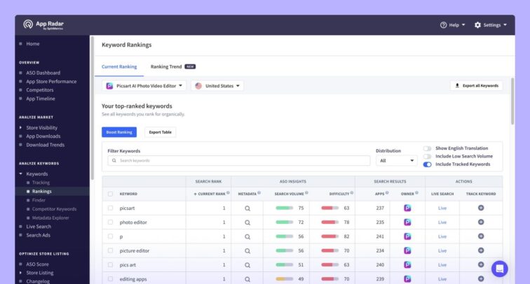 App Radar, Keyword Intelligence ASO tools for mobile app growth - a screenshot